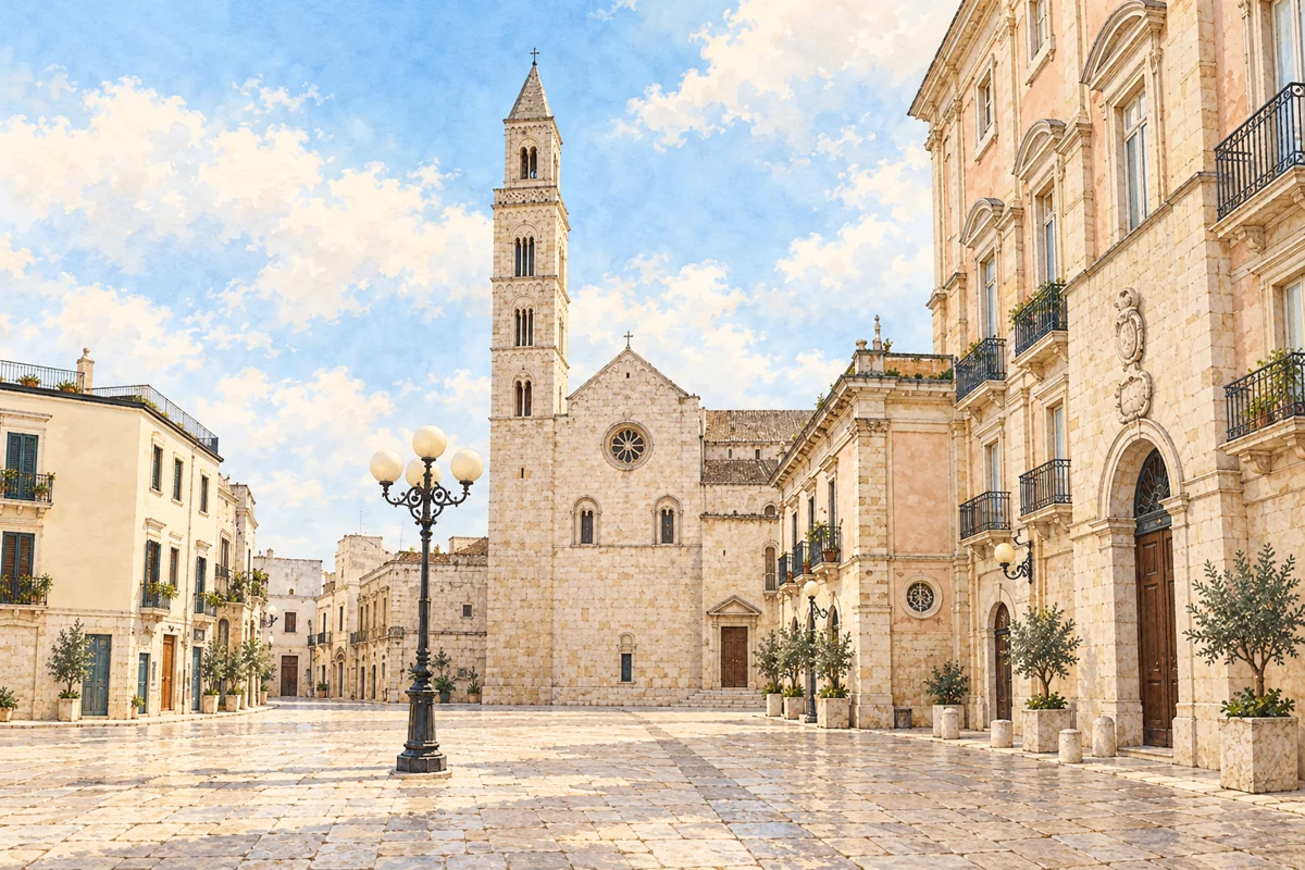 Illustrazione della piazza di Palo del Colle con il campanile a sinistra della chiesa